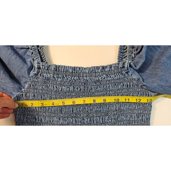 Gap sz M Smocked bust puff sleeve frill denim chambray crop top peplum stretch - Picture 7 of 8